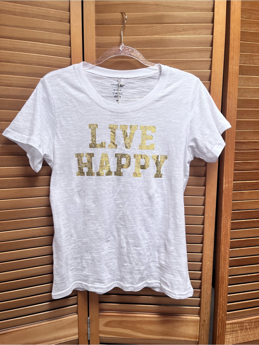 NATURAL LIFE White Tee with Gold "LIVE HAPPY" Graphic